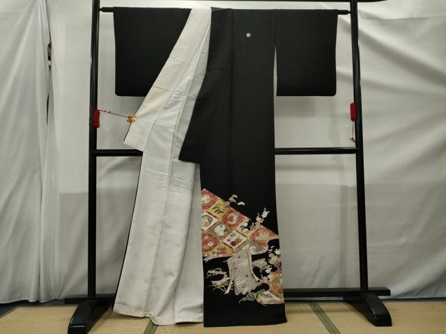 平和屋着物■豪華黒留袖　駒刺繍　飛鶴花菱文　金彩　正絹　逸品　AABC1969nf