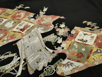 平和屋着物■豪華黒留袖　駒刺繍　飛鶴花菱文　金彩　正絹　逸品　AABC1969nf