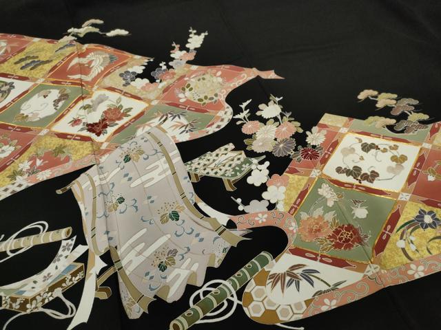 平和屋着物■豪華黒留袖　駒刺繍　飛鶴花菱文　金彩　正絹　逸品　AABC1969nf
