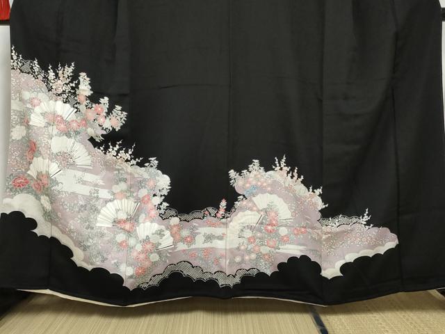 平和屋着物■豪華黒留袖　駒刺繍　雲取り扇花文　銀彩　正絹　逸品　AABC2051gw