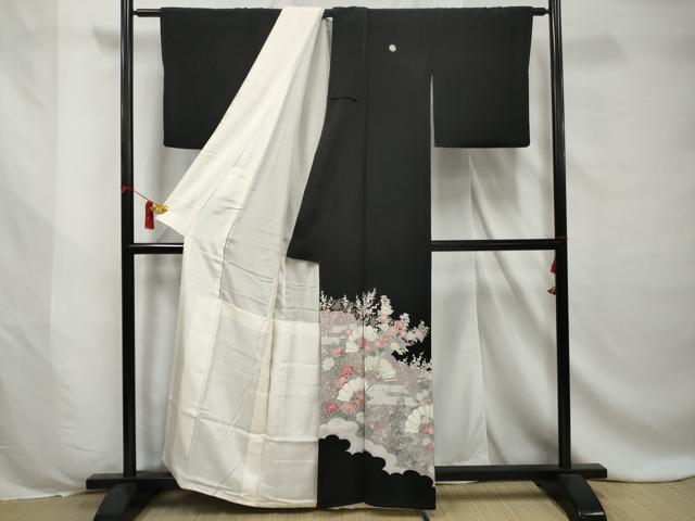 平和屋着物■豪華黒留袖　駒刺繍　雲取り扇花文　銀彩　正絹　逸品　AABC2051gw
