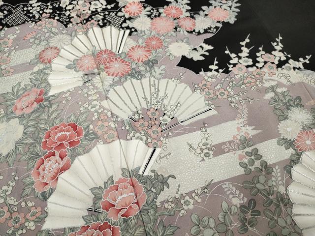 平和屋着物■豪華黒留袖　駒刺繍　雲取り扇花文　銀彩　正絹　逸品　AABC2051gw