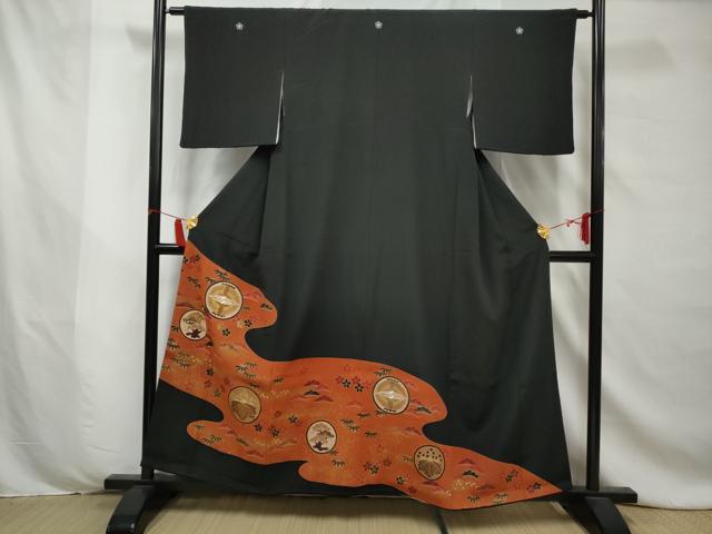 平和屋着物■豪華黒留袖　刺繍　双鶴花松文　金彩　正絹　逸品　AABC2170gw