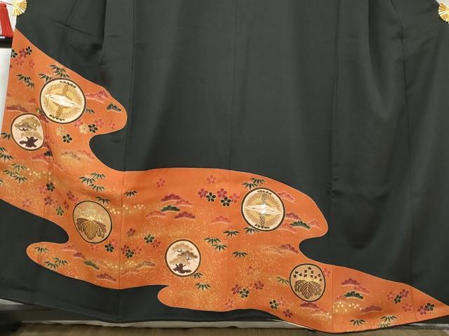 平和屋着物■豪華黒留袖　刺繍　双鶴花松文　金彩　正絹　逸品　AABC2170gw