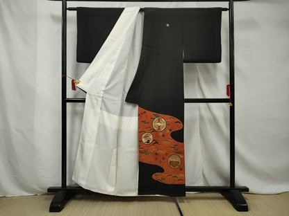 平和屋着物■豪華黒留袖　刺繍　双鶴花松文　金彩　正絹　逸品　AABC2170gw