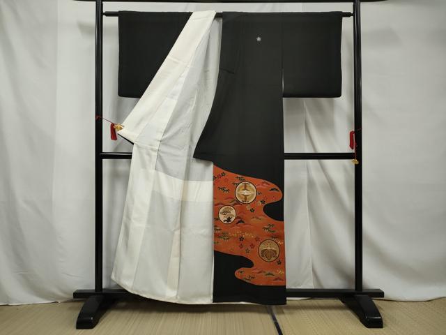 平和屋着物■豪華黒留袖　刺繍　双鶴花松文　金彩　正絹　逸品　AABC2170gw