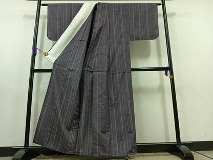 平和屋着物▽上質な紬 単衣 縞 正絹 逸品 AABC2205jh