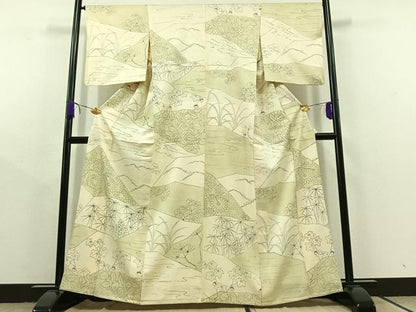 平和屋着物▽上質な小紋 単衣 手描き 風景切嵌花文 正絹 逸品 AABC2208jh