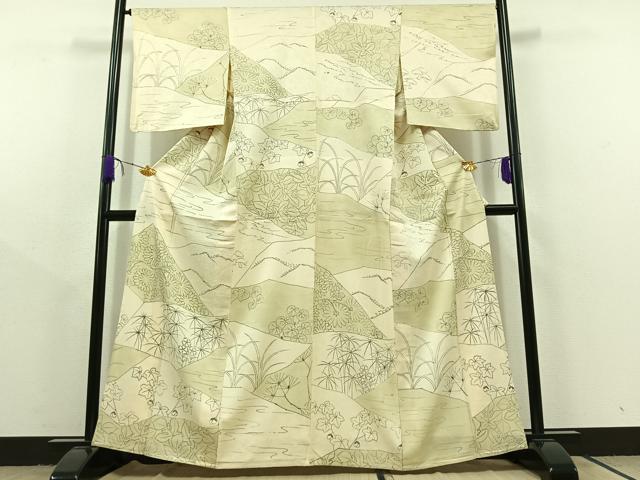 平和屋着物▽上質な小紋 単衣 手描き 風景切嵌花文 正絹 逸品 AABC2208jh