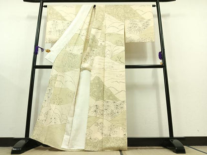 平和屋着物▽上質な小紋 単衣 手描き 風景切嵌花文 正絹 逸品 AABC2208jh