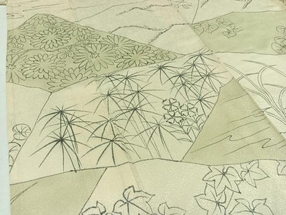 平和屋着物▽上質な小紋 単衣 手描き 風景切嵌花文 正絹 逸品 AABC2208jh