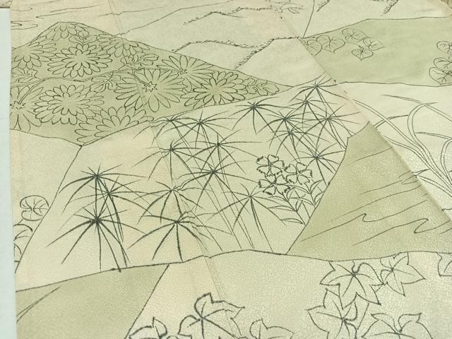 平和屋着物▽上質な小紋 単衣 手描き 風景切嵌花文 正絹 逸品 AABC2208jh