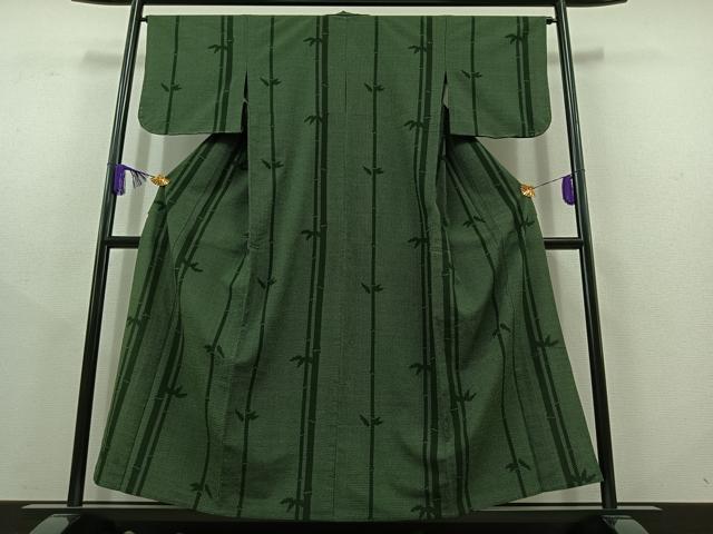 平和屋着物▽本塩沢 単衣 笹竹文 正絹 逸品 AABC2212jh