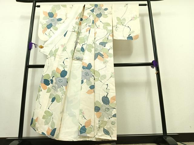 平和屋着物▽上質な小紋 単衣 枝花文 正絹 逸品 AABC2214jh