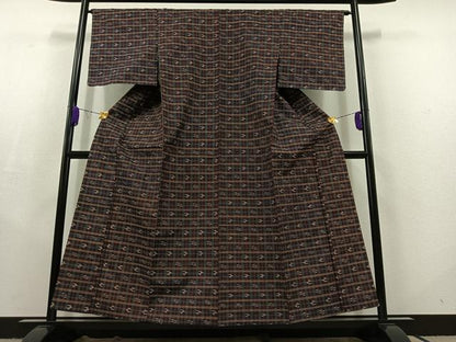 平和屋着物▽上質な紬 単衣 格子 正絹 逸品 AABC2217jh