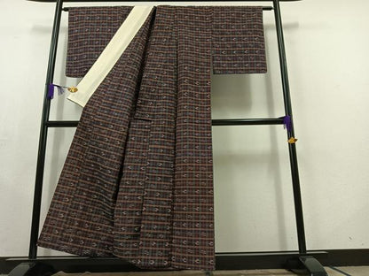 平和屋着物▽上質な紬 単衣 格子 正絹 逸品 AABC2217jh