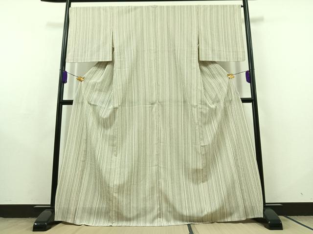 平和屋着物▽本塩沢 単衣 縞 正絹 逸品 AABC2221jh