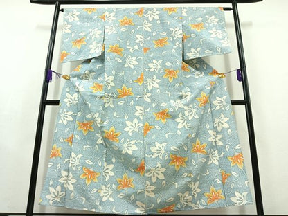 平和屋着物▽上質な紬 単衣 草花文 正絹 逸品 AABC2224jh