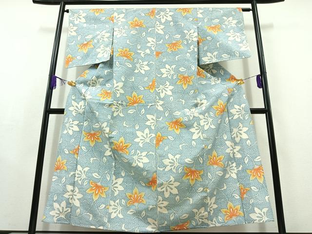 平和屋着物▽上質な紬 単衣 草花文 正絹 逸品 AABC2224jh