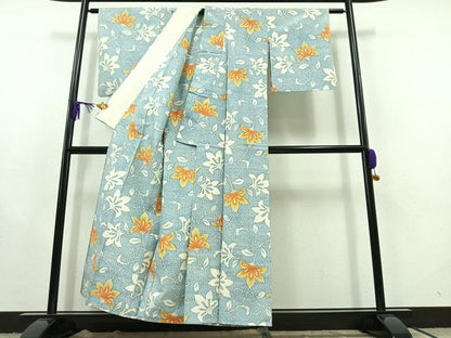 平和屋着物▽上質な紬 単衣 草花文 正絹 逸品 AABC2224jh