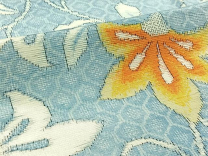 平和屋着物▽上質な紬 単衣 草花文 正絹 逸品 AABC2224jh