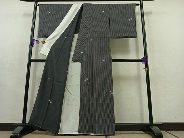 平和屋着物▽上質な小紋 単衣 市松文 蛍暈し 正絹 逸品 AABC2226jh