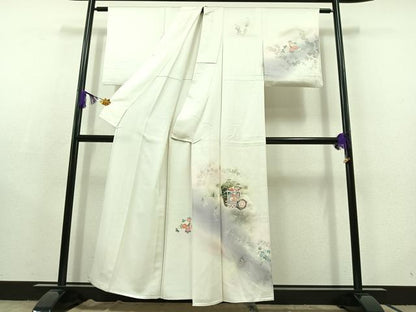 平和屋着物▽訪問着　単衣　貝桶花文　暈し染め　金銀彩　正絹　逸品　AABC2233jh