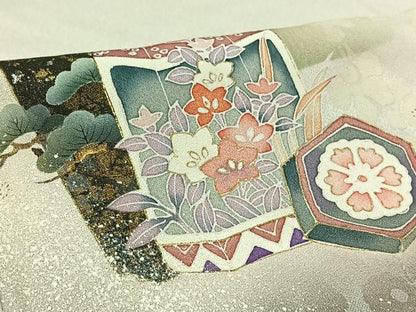 平和屋着物▽訪問着　単衣　貝桶花文　暈し染め　金銀彩　正絹　逸品　AABC2233jh