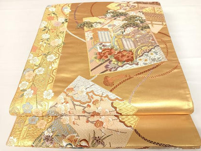 平和屋着物◎六通柄袋帯　唐織　色紙御所車花文　金銀糸　正絹　逸品　AABC2318yx