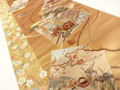 平和屋着物◎六通柄袋帯　唐織　色紙御所車花文　金銀糸　正絹　逸品　AABC2318yx