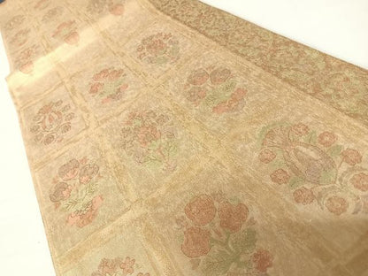 平和屋着物◎六通柄袋帯　格子花文　金糸　正絹　逸品　AABC2325yx