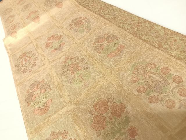 平和屋着物◎六通柄袋帯　格子花文　金糸　正絹　逸品　AABC2325yx