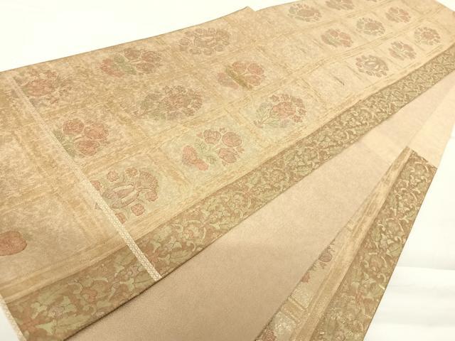 平和屋着物◎六通柄袋帯　格子花文　金糸　正絹　逸品　AABC2325yx