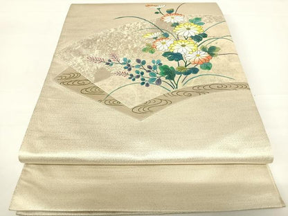 平和屋着物◎太鼓柄袋帯　手描き　切嵌花文　金彩　正絹　逸品　AABC2337yx