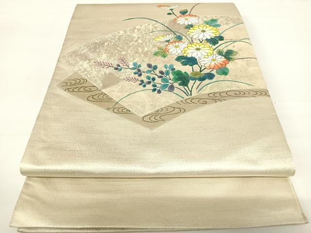 平和屋着物◎太鼓柄袋帯　手描き　切嵌花文　金彩　正絹　逸品　AABC2337yx