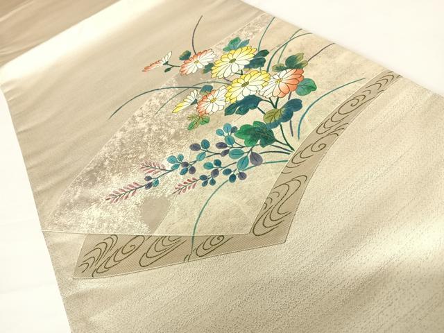 平和屋着物◎太鼓柄袋帯　手描き　切嵌花文　金彩　正絹　逸品　AABC2337yx
