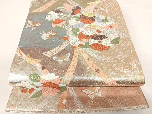 平和屋着物◎六通柄袋帯　唐織　花蝶文　金銀糸　正絹　逸品　AABC2344yx