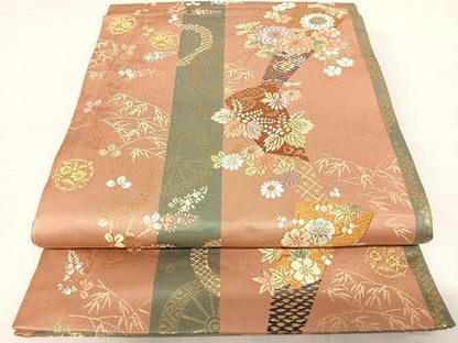 平和屋着物◎六通柄袋帯　唐織　扇面花文　金糸　正絹　逸品　AABC2352yx