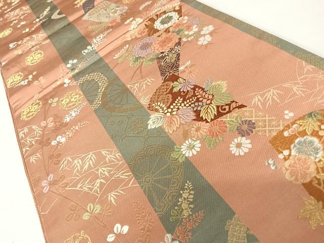 平和屋着物◎六通柄袋帯　唐織　扇面花文　金糸　正絹　逸品　AABC2352yx