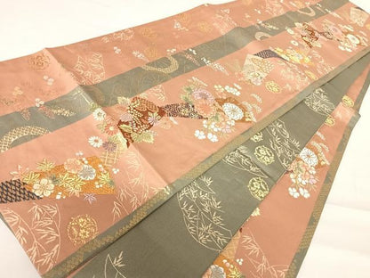 平和屋着物◎六通柄袋帯　唐織　扇面花文　金糸　正絹　逸品　AABC2352yx