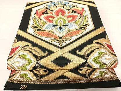 平和屋着物◎六通柄袋帯　唐織　更紗花文　黒地　金糸　正絹　逸品　AABC2353yx