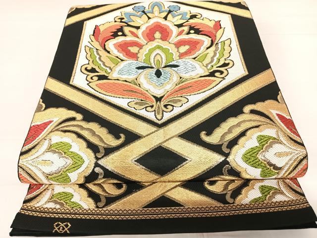 平和屋着物◎六通柄袋帯　唐織　更紗花文　黒地　金糸　正絹　逸品　AABC2353yx