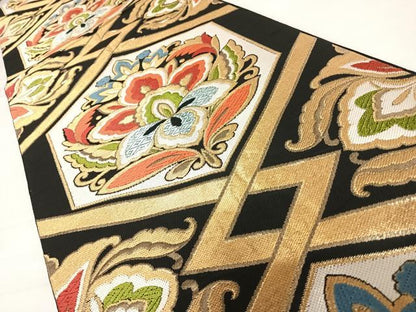 平和屋着物◎六通柄袋帯　唐織　更紗花文　黒地　金糸　正絹　逸品　AABC2353yx