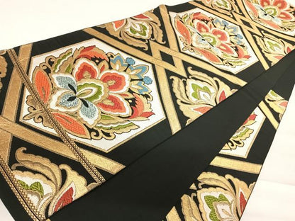 平和屋着物◎六通柄袋帯　唐織　更紗花文　黒地　金糸　正絹　逸品　AABC2353yx