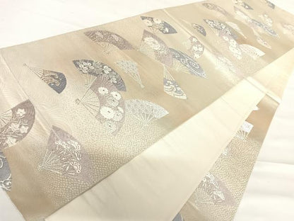 平和屋着物◎六通柄袋帯　唐織　綾小袖　舞扇文　銀糸　正絹　逸品　AABC2381yx