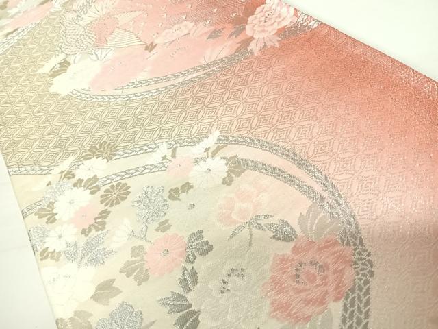 平和屋着物◎六通柄袋帯　唐織　結び紐花文　銀糸　正絹　逸品　AABC2403yx