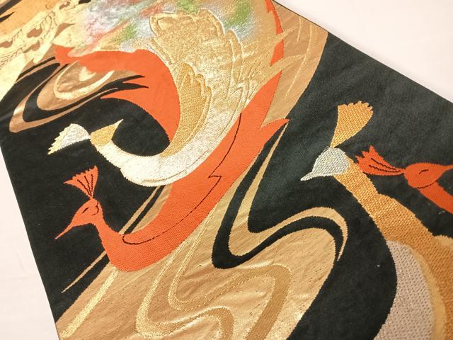 平和屋着物◎六通柄袋帯　唐織　孔雀文　黒地　金銀糸　正絹　逸品　AABC2419yx