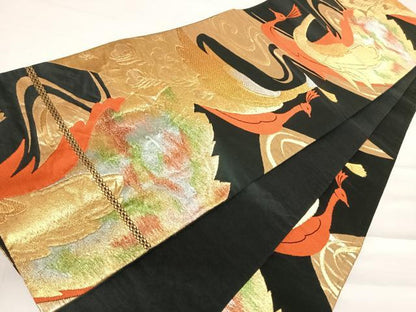平和屋着物◎六通柄袋帯　唐織　孔雀文　黒地　金銀糸　正絹　逸品　AABC2419yx