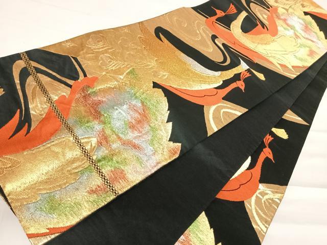 平和屋着物◎六通柄袋帯　唐織　孔雀文　黒地　金銀糸　正絹　逸品　AABC2419yx
