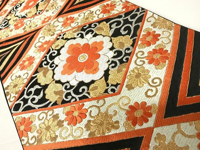 平和屋着物◎六通柄袋帯　唐織　花菱文　黒地　金銀糸　正絹　逸品　AABC2441yx